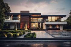 a large modern house with lots of windows and plants on the front lawn at dusk