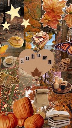 an autumn collage with pumpkins, books, and other things in the background