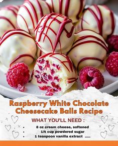 raspberry white chocolate cheesecake balls recipe on a plate with raspberries