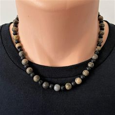 Mens Artistic Matte Stone and Black Lava Beaded Necklace-Black,Brown,Gray,Lava,mens,Necklaces Gray Beaded Necklace, Grey Beads, Lava Beads, Lava Bead, Lava Stone, Black And Gray, Chains For Men, Stone Beads, Brown And Grey