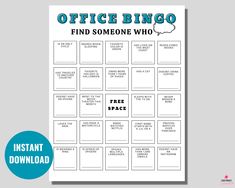 a printable office bingo game with the words, find someone who is on it