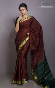 Mysore Crepe Pure Silk Saree in Chocolate Brown, Dark Green and Brush Gold Color Chocolate