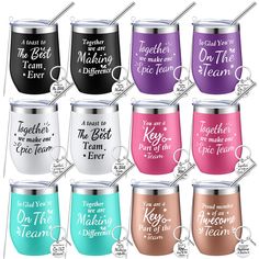 12 different color stainless steel wine tumblers with sayings on the side and two handles