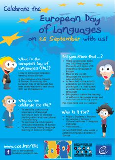 the european day of languages poster is shown in blue and has cartoon characters on it