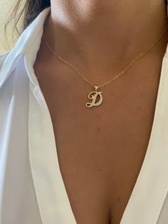 "Diamond initial in 14k yellow gold - Letter size (specifications for letter D): L: 15mm, W: 14mm; 1.56 grams - Chain length: Choose from: 16\", 18\", 20\", 22\" - Please contact me for other chain sizes" Gold Diamond Initial Necklace, Letter D Jewelry, Necklace With Initials Letters, Gold Chain With Initial, Chains With Initials, Letter Gold Necklace, Gold Letter Necklace Initials, Diamond Letter Necklace, White Diamond Initial Pendant Necklace As Gift