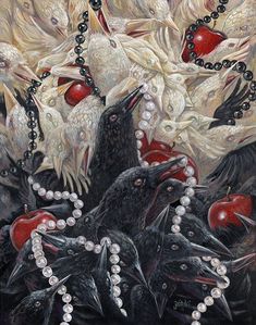 a painting of black birds with pearls and apples on their heads, surrounded by other white birds