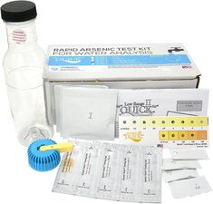 Contains: One Reaction Bottle, Clear PVC w/ 250mL Line;  One Blue Cap with White Turret for Holding Testing Pad;  Five Powder Pillows of First Reagent;  Five Powder Pillows of Second Reagent;  Five Powder Pillows of Third Reagent;  Five Packets of Arsenic Testing Pad Strips (Caution: Each test pad contains about 1 mg of Mercuric Bromide);  Instruction Booklet;  Range: 1 PPB - 10 PPB;  One Black Cap for Mixing;  Kit Box for Components;  Color Chart;  The Arsenic Low-Range Quick II Mini test kit Instructions Booklet, Water Quality, Black Cap, Color Chart, Range, Water