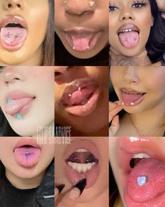 many different pictures of women with their mouths open and tongue piercings attached to them