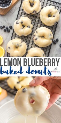 lemon blueberry baked donuts on a cooling rack and being drizzled with icing