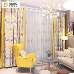 a living room with yellow chairs and curtains