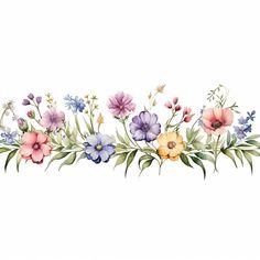 watercolor flowers and leaves are painted on a white background with blue, pink, yellow and purple colors