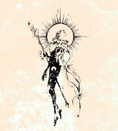 a drawing of a woman holding a sun above her head