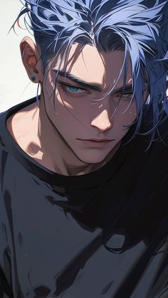 an anime character with blue hair and black shirt looking at something in front of him