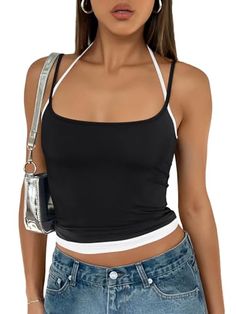 Trendy Queen Women's Camisole Y2K Tops Adjustable Spaghetti Strap Tank Tops Cute Going Out Crop Tops Summer Blouses Going Out Crop Tops, Black Halter Top, Y2k Tops, Womens Camisoles, Club Night, Spaghetti Strap Tank Top, Summer Crop Tops, Crochet Shirt, Summer Blouses