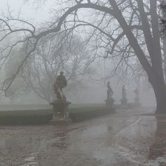 a group of statues sitting in the middle of a park on a foggy day