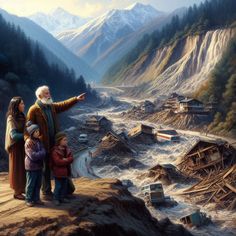 an old man and two children standing on top of a mountain looking at a river