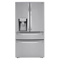 a stainless steel refrigerator freezer with water dispenser and ice maker on the door