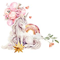 a watercolor drawing of a unicorn with balloons and flowers on its head sitting next to a rainbow