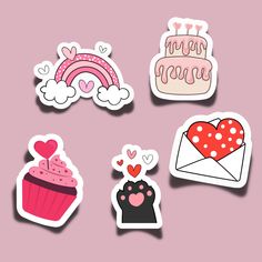 four stickers with different designs on them, including a cupcake and a cake