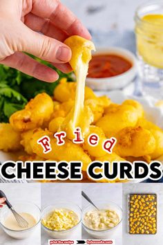 fried cheese curls with dipping sauces on the side