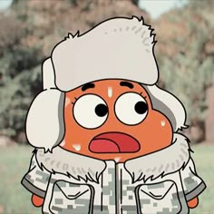 an orange and white cartoon character wearing a winter coat