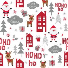 seamless christmas pattern with santa and reindeers in red, white and gray colors