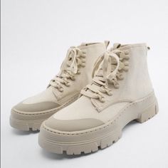 Off White Ankle Canvas Boots Never Worn, Nwt Brown Canvas Boots With Round Toe, Trendy Beige Lace-up Boots With Round Toe, Trendy Beige High-top Lace-up Boots, Trendy Beige High Ankle Lace-up Boots, Trendy Beige Lace-up Boots, Beige Casual Round Toe Boots, Casual Beige Round Toe Boots, Casual Beige Closed Toe Boots, Casual Beige Lace-up Boots With Round Toe