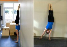 two images of a man doing handstand on the wall and another photo of a person standing upside down