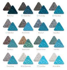 the different types of blue and white sand in various shapes, sizes, and colors