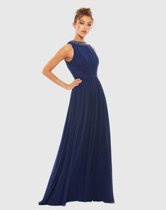 Bejeweled Neckline Pleated Chiffon Gown Chiffon Overlay, Pleated Chiffon, Beaded Neckline, Pleated Bodice, Chiffon Gown, Mac Duggal, A Line Gown, Chiffon Fabric, High Neckline