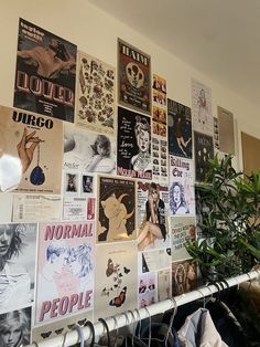 there are many posters on the wall in this room that is covered with pictures and plants