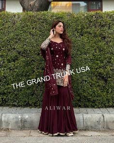 Stylish Maroon Georgette Embroidery Sequence Salwar Suit,Traditional Punjabi Bride Suit, Pakistani Dresses, Ready to wear Kurta sharara suit Welcome to The Grand Trunk USA Here is the latest Designer for Women's Ethnic Wear. 📌 Un-stitched items will be dispatched in 1 day 🎁 Product Specification Top Fabric:Heavy Faux Georgette With Heavy Embroidery Sequence Work Full Sleeve Top Inner :Heavy Micro Cotton  Top Length: 38-39Inch Top Size: M(38),L(40),Xl(42) And Xxl(44)(FULLY STITCHED READY TO WEA Wedding Fits, Party Wear For Women, Sharara Designs, Saree Bollywood, Pakistani Salwar, Female Dress, Desi Clothes