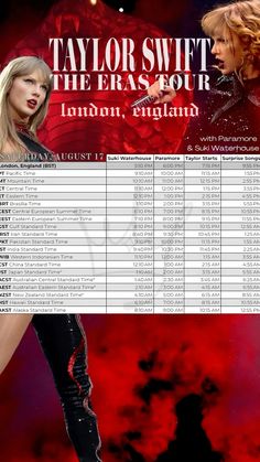 taylor swift tour poster for london, england in 2012 with dates and times listed below