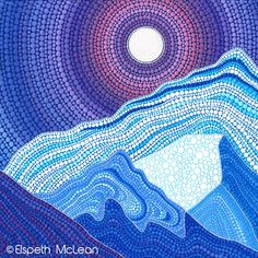 a painting with blue and purple colors on top of a mountain under a full moon