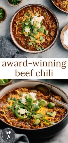 a bowl of beef chili with sour cream on top and the words, award winning beef chili