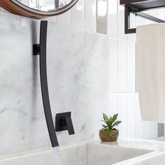 a bathroom sink with a mirror above it and a plant in the corner next to it