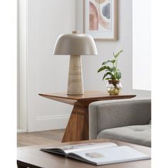 a table with a lamp and a plant on it next to a couch in a living room