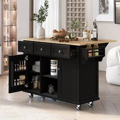 a kitchen island with lots of bottles on it