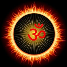 the om shan symbol in flames on a black background with an orange circle around it