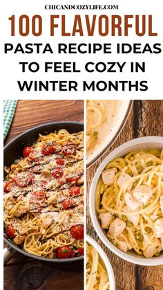 pasta with chicken, tomatoes and cheese in a pan on top of a wooden table