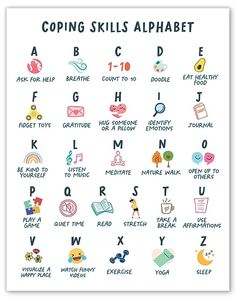 Coping Skills Alphabet, School Counseling Office Decor, Therapist Tools, Alphabet School, Counseling Office Decor, School Counseling Office, Counseling Office