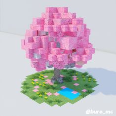 a tree made out of pink cubes sitting on top of a grass covered field