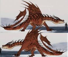 two pictures of a dragon with long, brown wings and sharp claws on it's back legs