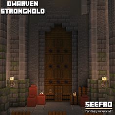 the interior of a minecraft castle with an entrance and some furniture in front of it