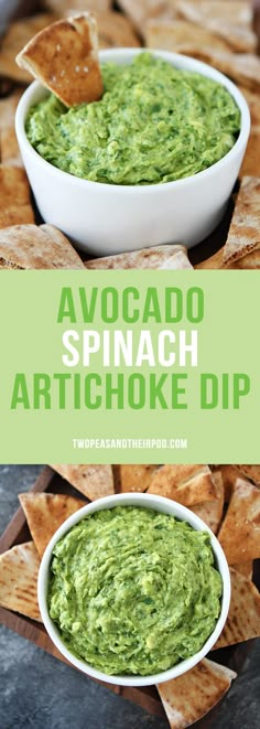 avocado spinach artichoke dip in a bowl with tortilla chips