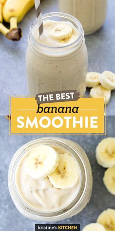 a banana smoothie in a glass with bananas around it