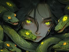 a woman with green eyes surrounded by snakes and glowing yellow eyes is looking at the camera