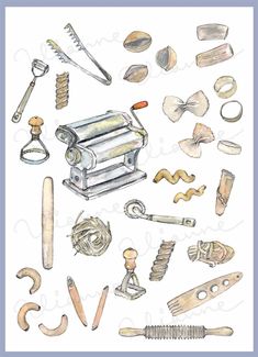 a drawing of different types of kitchen utensils and other things to make it look like