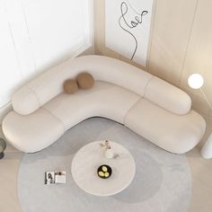 Curved Corner Sofa, Living Room Storage Ideas, Creative Shelving, Minimalist Living Room Furniture, Round Couch, Circle Sofa, Curvy Sofa, Luxury Living Room Inspiration, Aesthetic Furniture