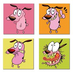 four cartoon characters with different expressions on their faces, each one in pink and green